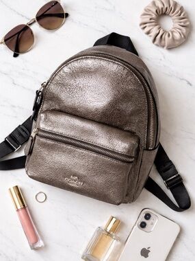 Coach Metallic Pewter Mini Backpack with Black Straps
